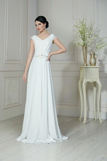 A-Line Floor-Length V-Neck Short-Sleeve Low-V-Back Chiffon Dress With Ruching And Beading