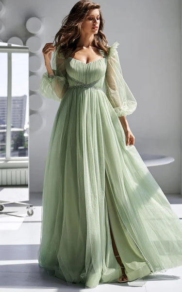 Casual Puff-long-sleeve pleated Front Split Dress with Beadings