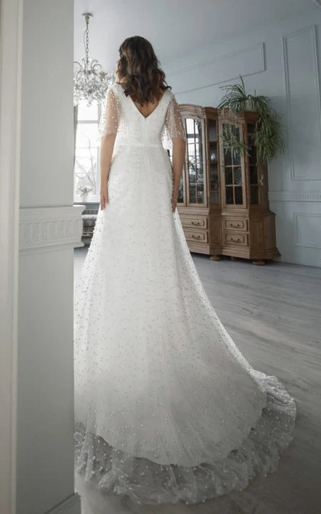 V-neck Slit Front Plus Size Chiffon Ruched Wedding Dress with Beaded Tulle Overlay