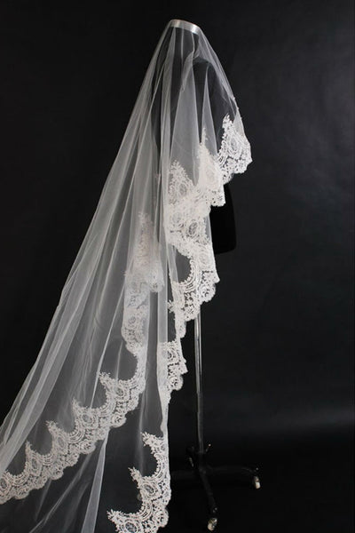 Long Soft Tulle Bridal Veil with Lace Appliques