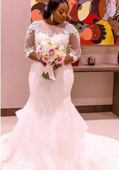 Transparentes Meerjungfrau-Brautkleid in Übergröße mit 3–4 langen Ärmeln