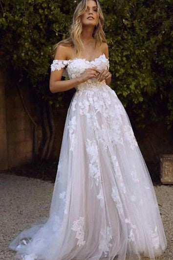 Casual Off-the-shoulder A Line Floor-length Court Train Sleeveless Wedding Dress With Appliques