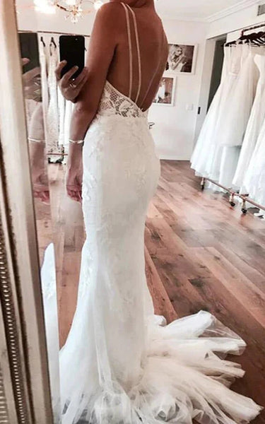 Sexy Plunged Sheath Applique Spaghetti Wedding Dress