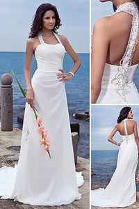 sheath Halter Court Train Chiffon Wedding Dress