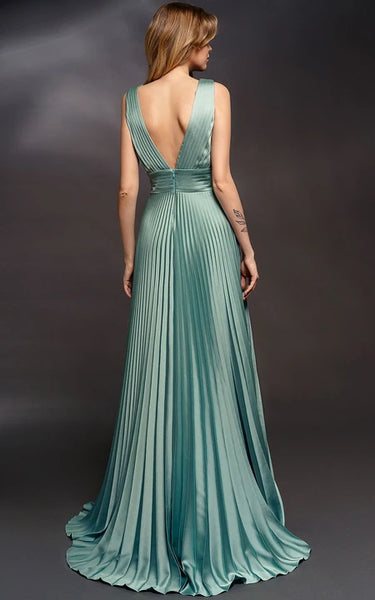 Formal Pleated V-neck Sleeveless Dress with Low-v Back