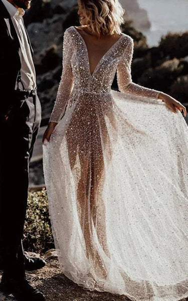 Sexy Illusion Beaded Ethereal Sheath Long Sleeve Plunged Dress