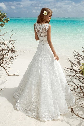 Langes, ärmelloses A-Linien-Spitzenkleid mit V-Ausschnitt, Korsett-Rücken und Perlenbesatz