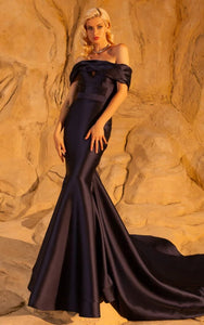 Off-the-shoulder Black Sheath Formal Mermaid Satin Evening Dress with Court Train