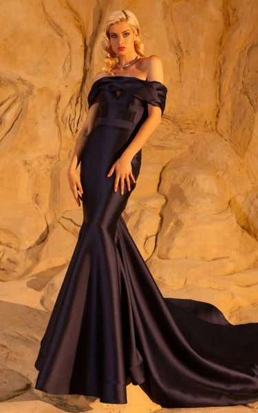 Off-the-shoulder Black Sheath Formal Mermaid Satin Evening Dress with Court Train