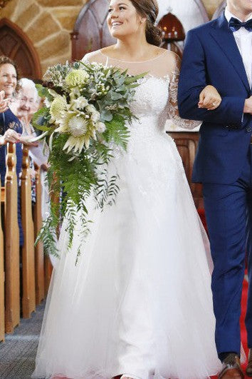 Moderní A Linie Krajková Podlahová Dlouhá Rukáv Iluzorní Svatební Šaty s Appliqué