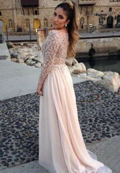 Glamorous Long Sleeve Beadings Prom Dresses 2022 Long Chiffon