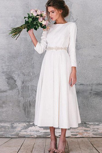 Natural Long Sleeve Taffeta Weddig Dress