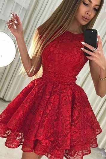 Lace A Line Zipper Cap Short Sleeve with Bows and Tiers Homecoming Dress