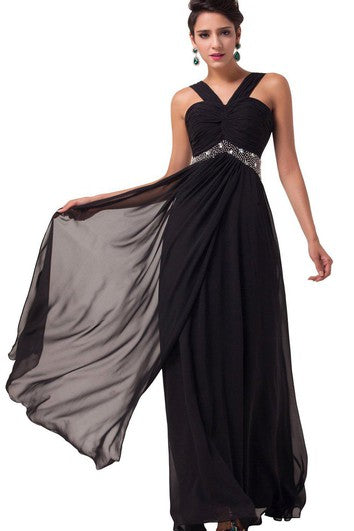 Sexy šaty bez rukávů z šifónu s korálkovým pasem