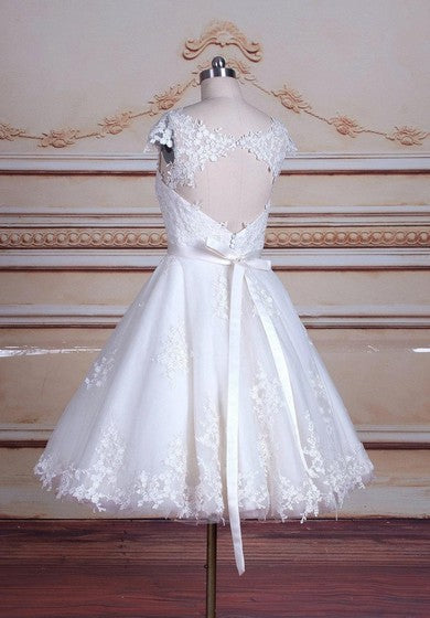 Short Tea-Length Cap Sleeve Tulle Lace Satin Dress With Keyhole Back