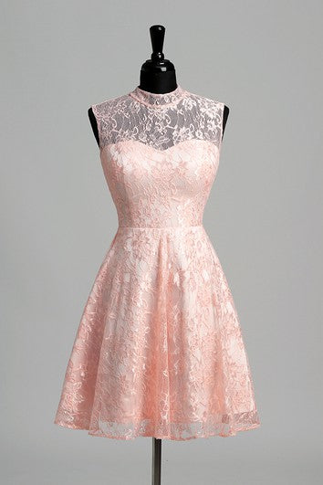 Robe courte/mini en dentelle simple à col montant et coupe trapèze sans manches