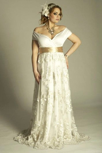 Plus Size Off-Shoulder A-Line Vintage Lace Floor Length Wedding Gown With Sash