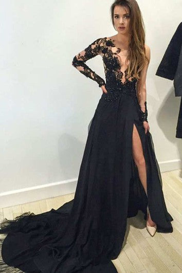 Illusion Lace Long Sleeve A-line Long Chiffon Gown