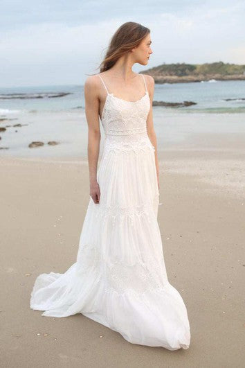 Spaghetti Sleeveless Chiffon Beach Boho Wedding Dress