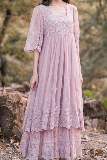 Lace Dress With Tiers&Flower&Embroideries