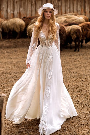 Bohemian A Line Tulle Floor-length Long Sleeve Open Back Wedding Dress with Ruching