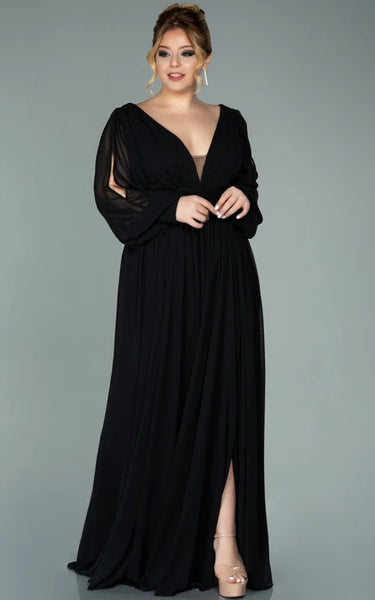 Chiffon V-neck Long Sleeve Front Split Pleated Evning Plus Size Dress