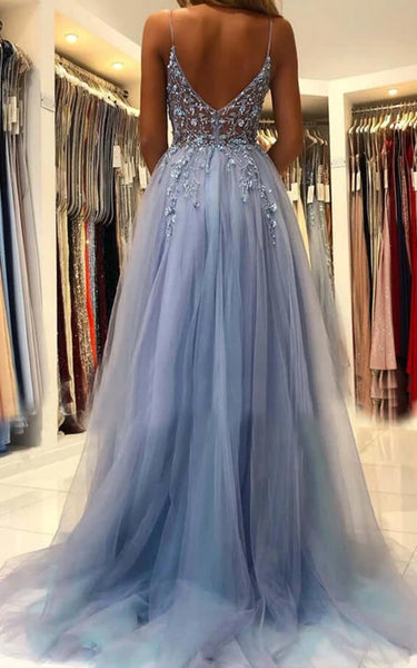 Spaghetti Front Split Tulle Pleated A-line Prom Dress with Crystal Detailings