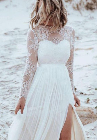 Simple A Line Bateau Tulle Lace Floor-length Long Sleeve Wedding Dress with Split Front and Pleats