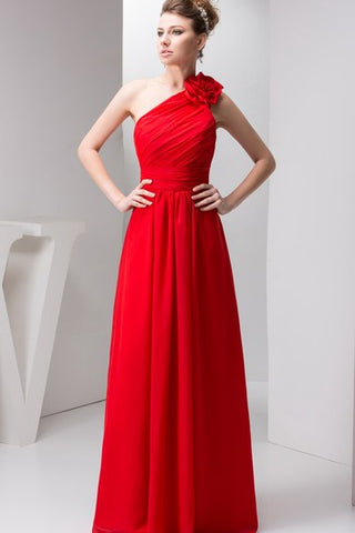 One-Shoulder Floor-Length Chiffon Floral Epaulet and Dress With Ruching