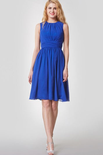 Elegant High Neck Pleated Short Chiffon Dress With Sash