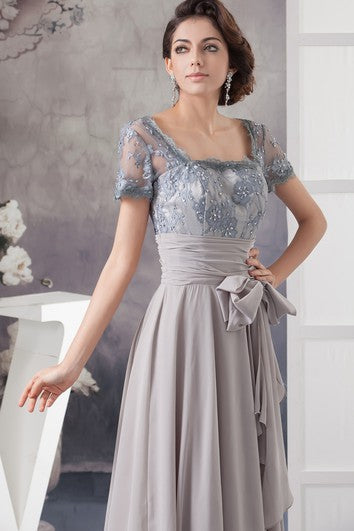 Chiffon Pleated Illusion Caped Sleeve and Gown With Bow