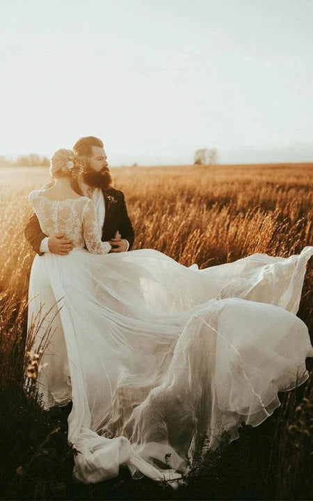 Robe empire fluide en tulle et dentelle à manches longues de style campagnard modeste