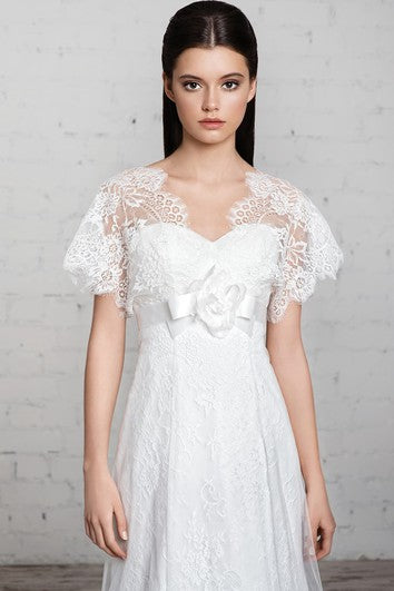 Sheath Floor-Length V-Neck Short-Sleeve Empire Lace Tulle Dress With Flower