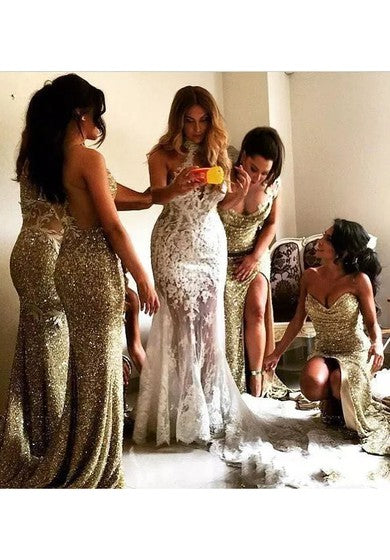 Halter Sweetheart en V-Cinco A-Línea Llegado de lentejuelas sin mangas de la dama de honor con espalda abierta