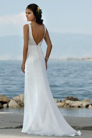 Sexy V Neck sheath Sweep Train Beaded Beach Wedding Dresses