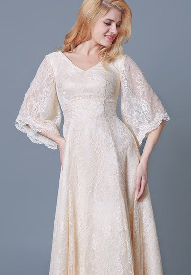 Elegant Bell Sleeve A-line Long Lace Dress With V-neck