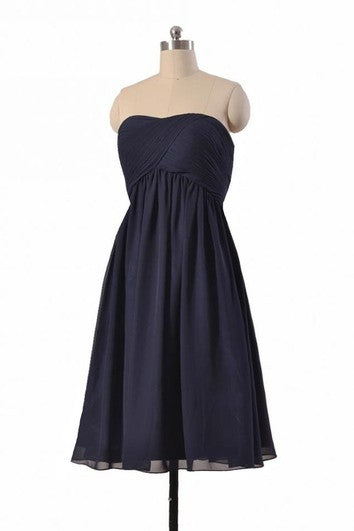 Strapless Asymmetrical Ruched Bodice Knee-length Pleated Chiffon Dress