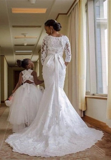 Schlichtes Meerjungfrau-Brautkleid aus Spitze in Übergröße mit langen Ärmeln und Schärpe