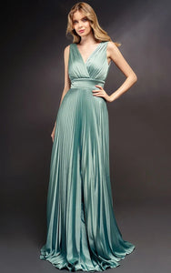 Formal Pleated V-neck Sleeveless Dress with Low-v Back