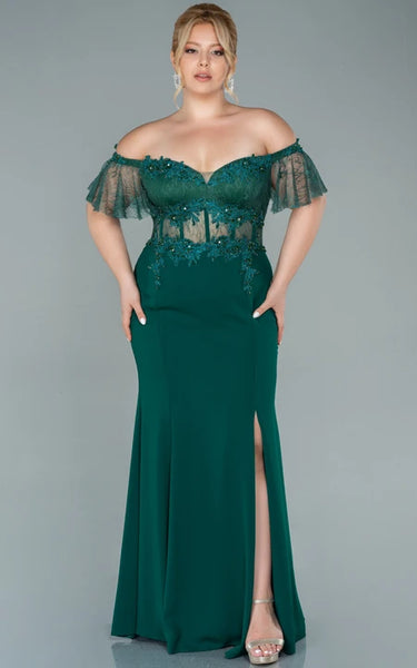 Sexy Off-the-shoulder Sheath Front Split Chiffon Prom Plus Size Dress with Lace Applique