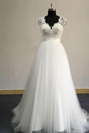 V-Neck Cap Sleeve A-Line Tulle Dress With Satin Sash and Lace Bodice