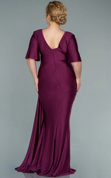 Charming V-neck Half-sleeve Sheath Mermaid Ruched Front Split Plus Size Evning Dress