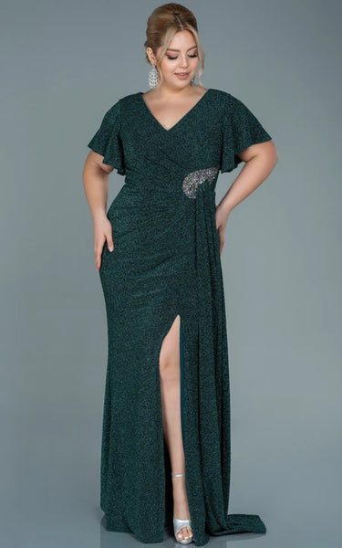 Poet-sleeve V-neck Sequin Ruched Slit Front Plus Size Evning Dress