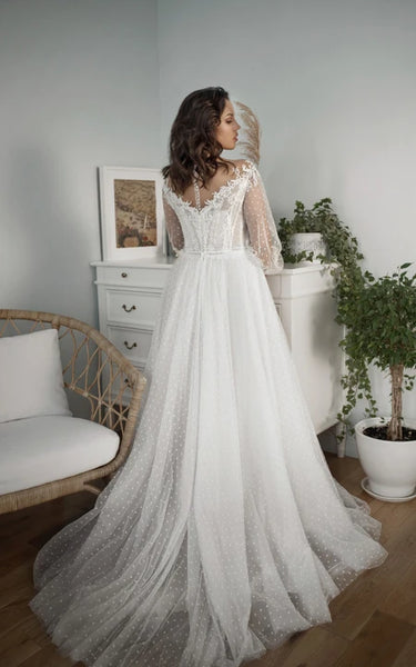 Lace and Tulle Illusion Long Sleeve V-neck Plus Size Wedding Dress