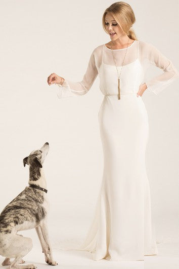 Scoop Floor-Length Long-Sleeve Chiffon Wedding Dress With Watteau Train And V Back