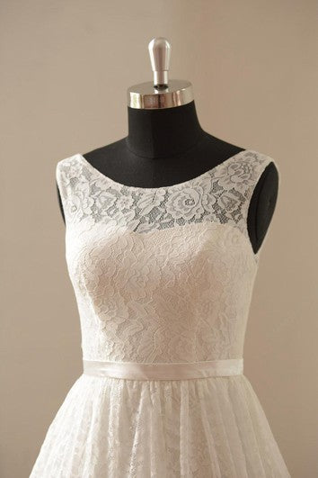 Tea Length A-Line Sleeveless Lace Dress With Bateau Neck and Satin Waistbelt