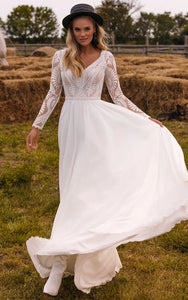 Courtry V-neck Long Sleeve Chiffon Simple Boho Wedding Dress with Lace Top