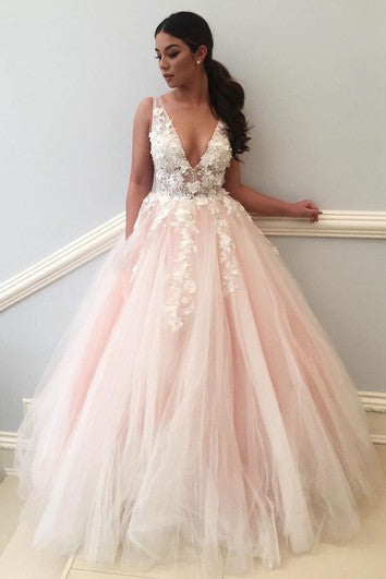 Ball Gown Lace Tulle V-neck Sleeveless Zipper Low-V Back Dress