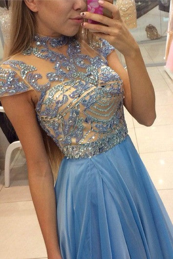 Delicate Beadings Chiffon A-line Prom Dress Cap Sleeve Sweep Train