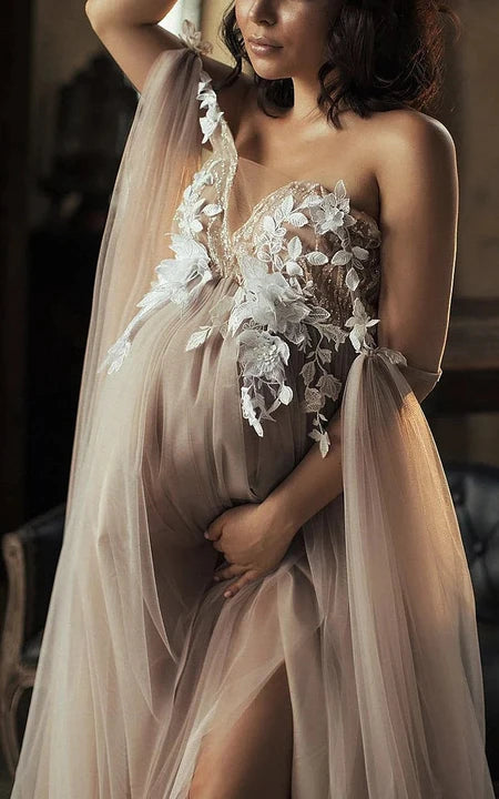 Maternity casual sin tirantes Tulle Empire Lace Vestido de novia con cuentas